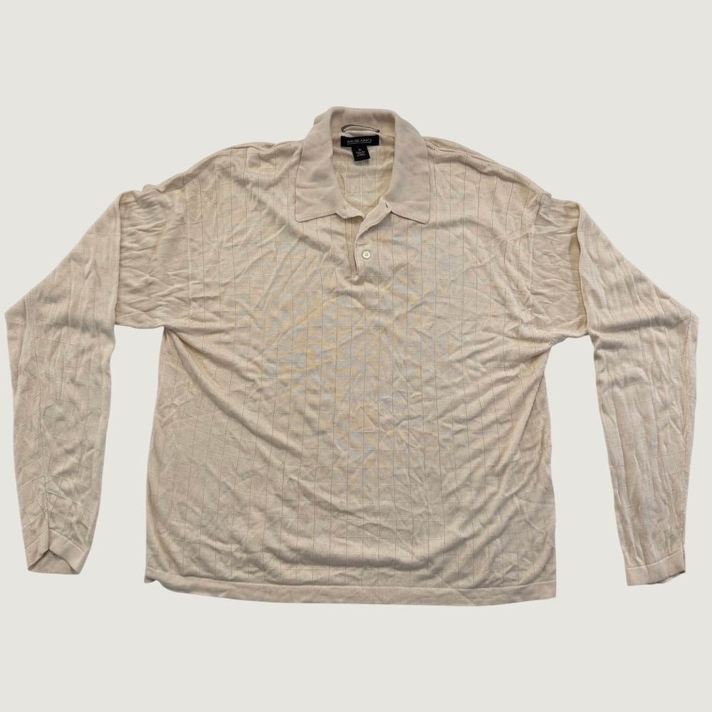 Murano Mens XL 100% Silk Long Sleeve Polo Shirt Cream Textured Knit